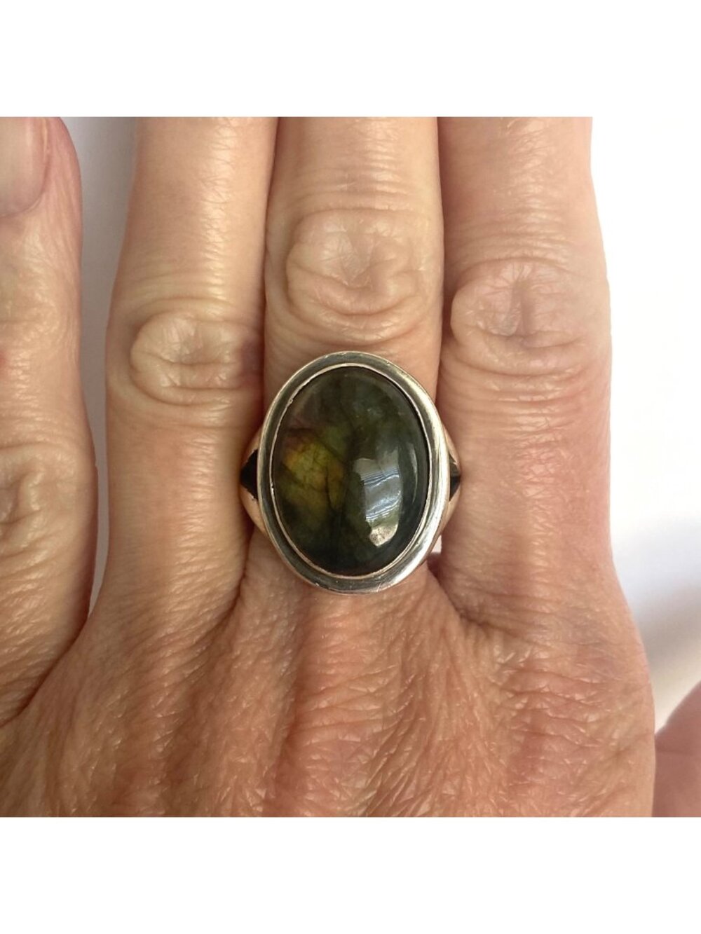 Sterling Silver 925 Oval Labradorite Cabochon Split Shank Ring Sz 9.5 - 9.75